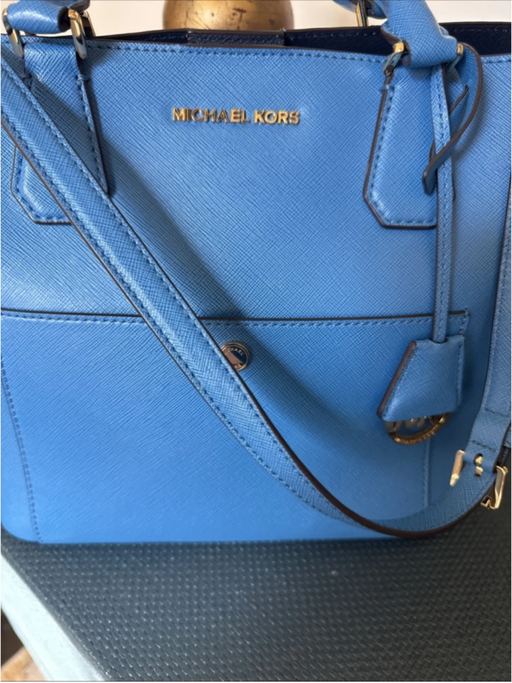 Michael Kors Greenwich Large Saffiano Leather Grab Bag Blue Gold Hardware